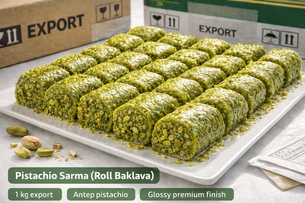 ピスタチオ・サルマ(ロールバクラヴァ) ピスタチオ・サルマ(ロールバクラヴァ)— 卸売輸出向けのプレミアムなロール形状バクラヴァ